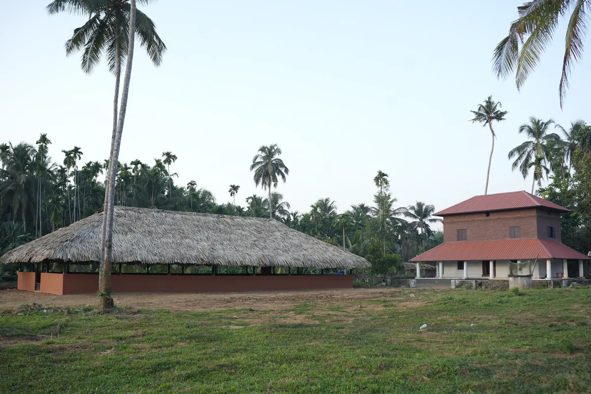 The thatched kalari building at the Athma Kalari gurukulam