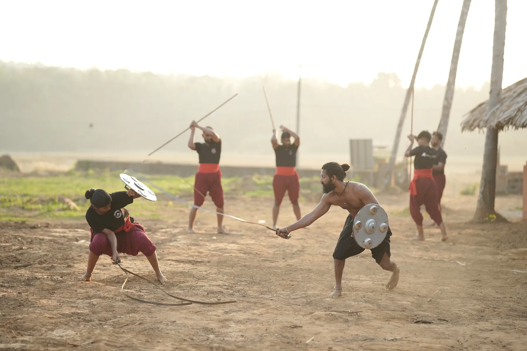 Sword and shield practice in the dawn mist